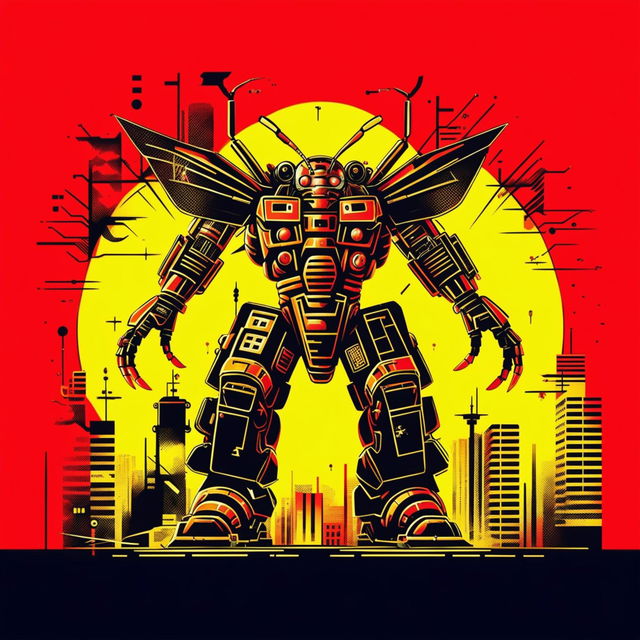 Retro Japanese pulp poster featuring an insect inspired mecha, accentuated with vibrant retro colors. The image should exude 'city pop' energy.