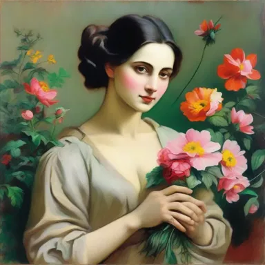 The painting depicted a beautiful woman holding an eighter of flowers.