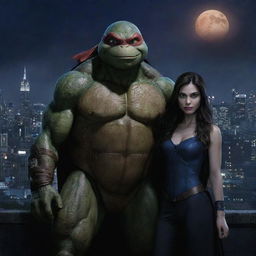 Leonardo from the Ninja Turtles standing side by side with an enchanting vampire girl in a light-filled nocturnal cityscape backdrop.