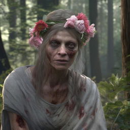 A placid, hyper-realistic image of a grey-skinned zombie with a flower headpiece and grey eyes, situated calmly in a forest while a woman unknowingly hangs laundry in the distance.