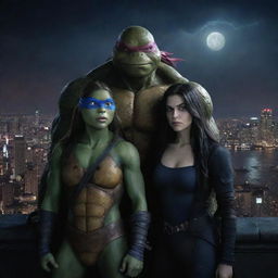 Leonardo from the Ninja Turtles standing side by side with an enchanting vampire girl in a light-filled nocturnal cityscape backdrop.