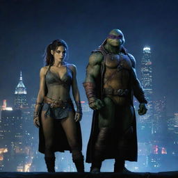 Leonardo from the Ninja Turtles standing side by side with an enchanting vampire girl in a light-filled nocturnal cityscape backdrop.