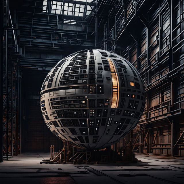 Hyper-intricate and beautiful 3D Japanese style sculpture of a Death Star, under the illumination of a lone, overhanging light in a hyperrealistic, gloomy, industrial-style warehouse.