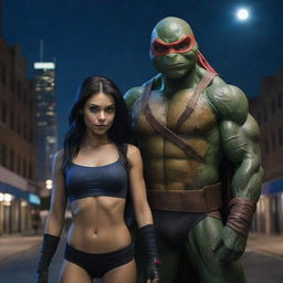 2014 version of Leonardo from Ninja Turtles along with a beautiful vampire girl, displayed in a modern urban setting under a starlit sky.