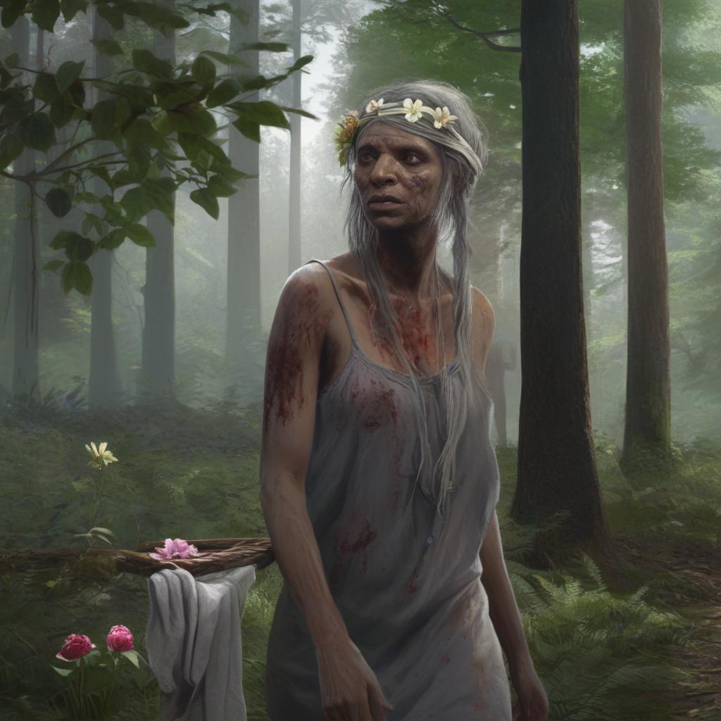 A placid, hyper-realistic image of a grey-skinned zombie with a flower headpiece and grey eyes, situated calmly in a forest while a woman unknowingly hangs laundry in the distance.