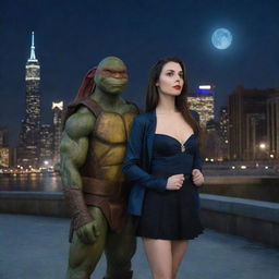 2014 version of Leonardo from Ninja Turtles along with a beautiful vampire girl, displayed in a modern urban setting under a starlit sky.