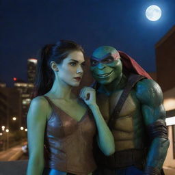 2014 version of Leonardo from Ninja Turtles along with a beautiful vampire girl, displayed in a modern urban setting under a starlit sky.