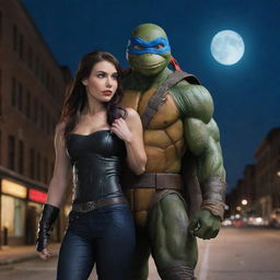 2014 version of Leonardo from Ninja Turtles along with a beautiful vampire girl, displayed in a modern urban setting under a starlit sky.