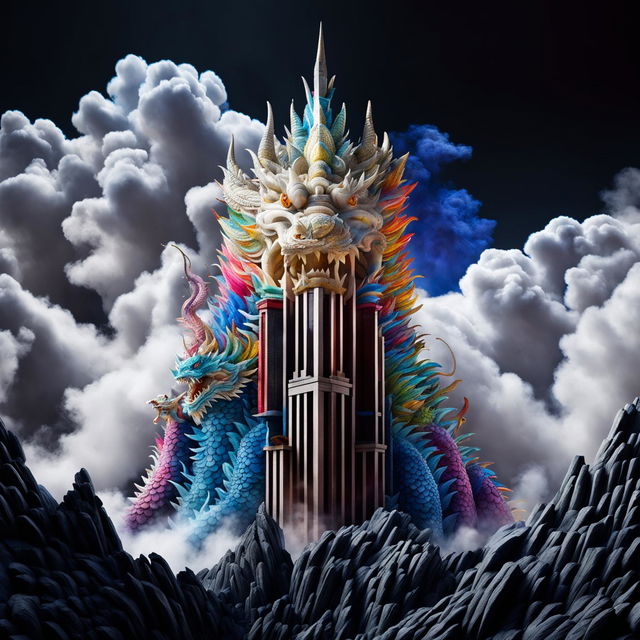 A colorful skyscraper, richly adorned with dragons, stands in a vast landscape. The clouds mimic technicolor smoke billowing from the vibrant dragons' mouths – an architectural masterpiece made of black and white pebbles.