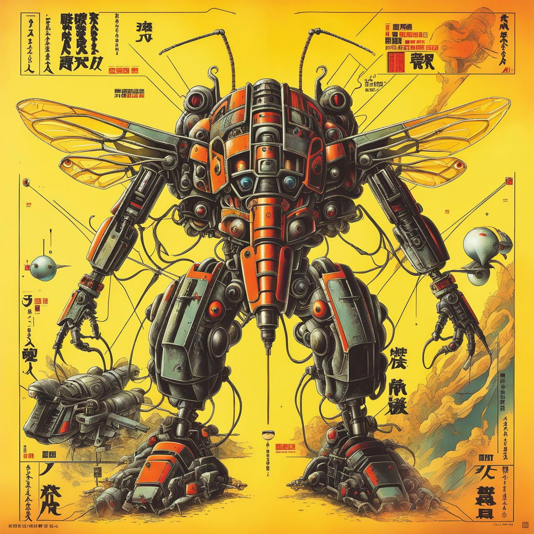 Intricate retro Japanese pulp poster of an insect inspired mecha, rendered in high detail with a Neon Genesis Evangelion energy.