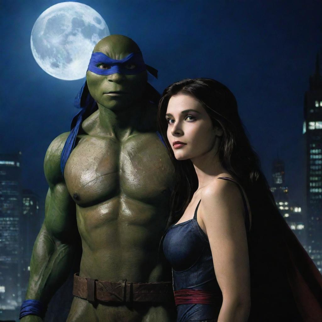 A handsome portrayal of Leonardo from the Ninja Turtles, alongside a beautiful vampire girl in a moonlit city scenario.