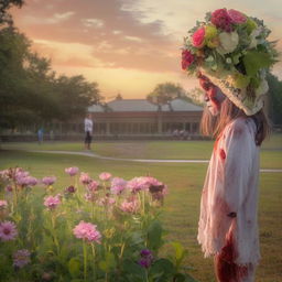 Peaceful scene of a zombie with a flower headpiece standing at the edge of a park, observing children playing joyfully under the soft morning light.