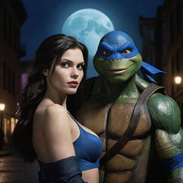 A handsome portrayal of Leonardo from the Ninja Turtles, alongside a beautiful vampire girl in a moonlit city scenario.