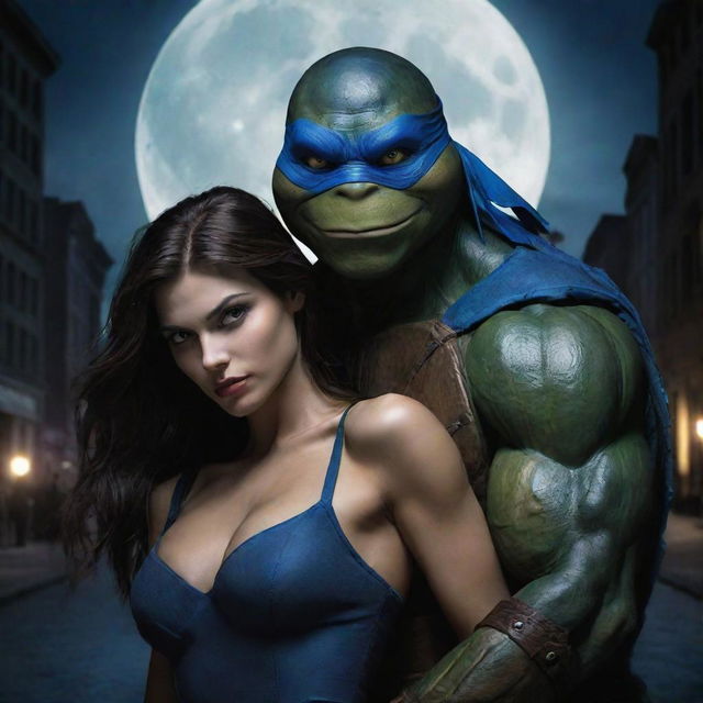 A handsome portrayal of Leonardo from the Ninja Turtles, alongside a beautiful vampire girl in a moonlit city scenario.