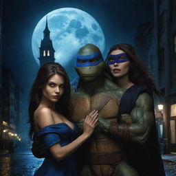 A handsome portrayal of Leonardo from the Ninja Turtles, alongside a beautiful vampire girl in a moonlit city scenario.