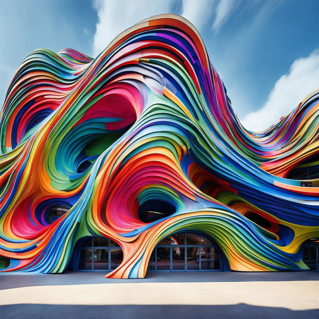 A building with Zaha Hadid's architectural style, made of colourful, flowing ribbons, painted in the impassioned, distinctive brush strokes of Van Gogh.