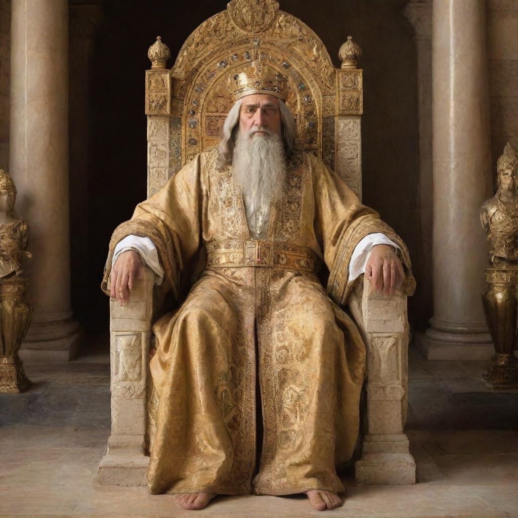 King Solomon, wise and fair, in royal attire, seated on a grand throne, and the radiant figure of the Messiah, full of grace and majesty, standing nearby.