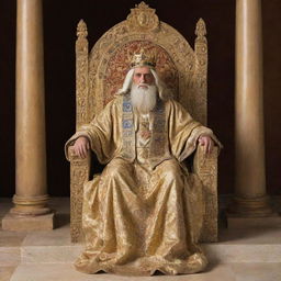 King Solomon, wise and fair, in royal attire, seated on a grand throne, and the radiant figure of the Messiah, full of grace and majesty, standing nearby.