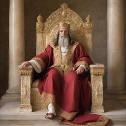 King Solomon, wise and fair, in royal attire, seated on a grand throne, and the radiant figure of the Messiah, full of grace and majesty, standing nearby.