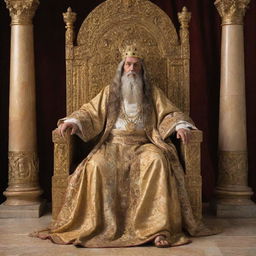 King Solomon, wise and fair, in royal attire, seated on a grand throne, and the radiant figure of the Messiah, full of grace and majesty, standing nearby.