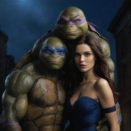 Leonardo from the 2014 Ninja Turtles movie, depicted with a gorgeous vampire girl in an urban backdrop under a midnight sky.