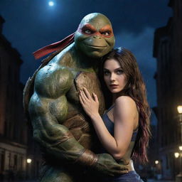 Leonardo from the 2014 Ninja Turtles movie, depicted with a gorgeous vampire girl in an urban backdrop under a midnight sky.