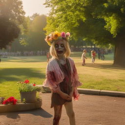 Peaceful scene of a zombie with a flower headpiece standing at the edge of a park, observing children playing joyfully under the soft morning light.