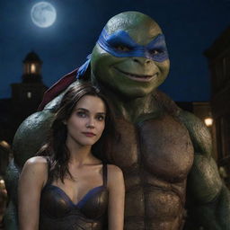 Leonardo from the 2014 Ninja Turtles movie, depicted with a gorgeous vampire girl in an urban backdrop under a midnight sky.