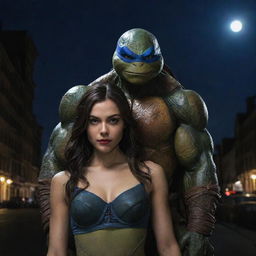 Leonardo from the 2014 Ninja Turtles movie, depicted with a gorgeous vampire girl in an urban backdrop under a midnight sky.