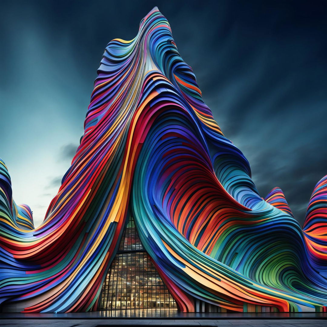 A towering skyscraper inspired by Zaha Hadid's design concepts, constructed out of vibrant, flowing ribbons, exhibited in the bold and turbulent style of Van Gogh's painting.