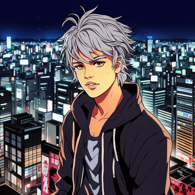 An anime version of singer Justin Bieber, with a detailed background of a bustling Tokyo cityscape at night.