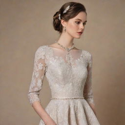 An opulent vintage dress, evoking old money: high-quality fabrics, rich and tastefully decorated with intricate laces, pearls, and embroidery. Classic and timeless class.