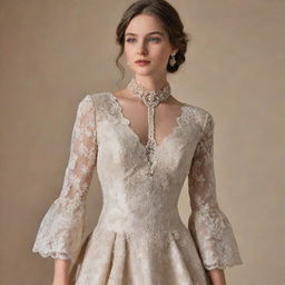 An opulent vintage dress, evoking old money: high-quality fabrics, rich and tastefully decorated with intricate laces, pearls, and embroidery. Classic and timeless class.