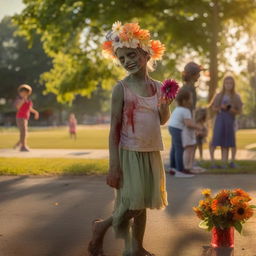 Peaceful scene of a zombie with a flower headpiece standing at the edge of a park, observing children playing joyfully under the soft morning light.