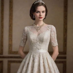 An opulent vintage dress, evoking old money: high-quality fabrics, rich and tastefully decorated with intricate laces, pearls, and embroidery. Classic and timeless class.