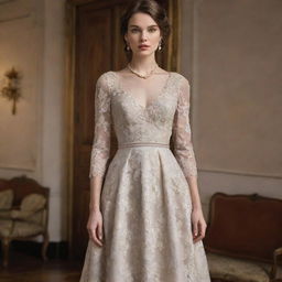 An opulent vintage dress, evoking old money: high-quality fabrics, rich and tastefully decorated with intricate laces, pearls, and embroidery. Classic and timeless class.