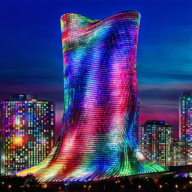 A bright, glittering skyscraper, illuminated with countless lights on its facade, honoring Zaha Hadid's architectural style, built from colourful ribbons and painted in the vigorous brushwork style of Van Gogh.