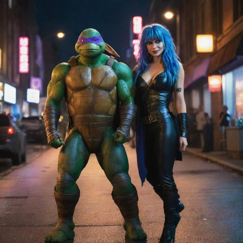 Ninja turtle Leonardo wearing his iconic 2014 movie attire, standing alongside a vampire girl with wildly dyed hair in a dynamic city night ambiance.