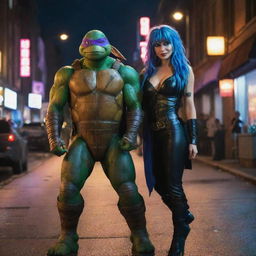 Ninja turtle Leonardo wearing his iconic 2014 movie attire, standing alongside a vampire girl with wildly dyed hair in a dynamic city night ambiance.