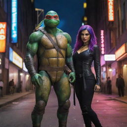 Ninja turtle Leonardo wearing his iconic 2014 movie attire, standing alongside a vampire girl with wildly dyed hair in a dynamic city night ambiance.