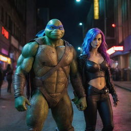 Ninja turtle Leonardo wearing his iconic 2014 movie attire, standing alongside a vampire girl with wildly dyed hair in a dynamic city night ambiance.