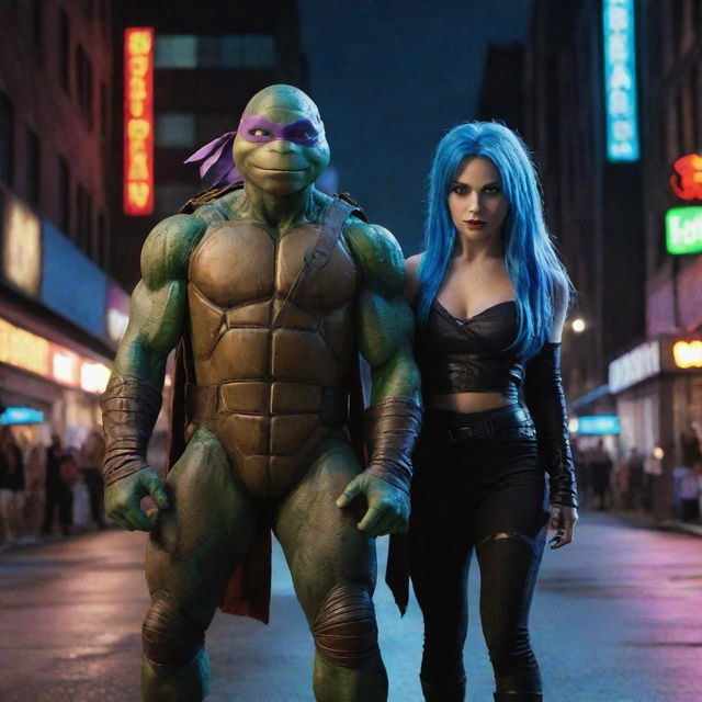 Ninja turtle Leonardo wearing his iconic 2014 movie attire, standing alongside a vampire girl with wildly dyed hair in a dynamic city night ambiance.