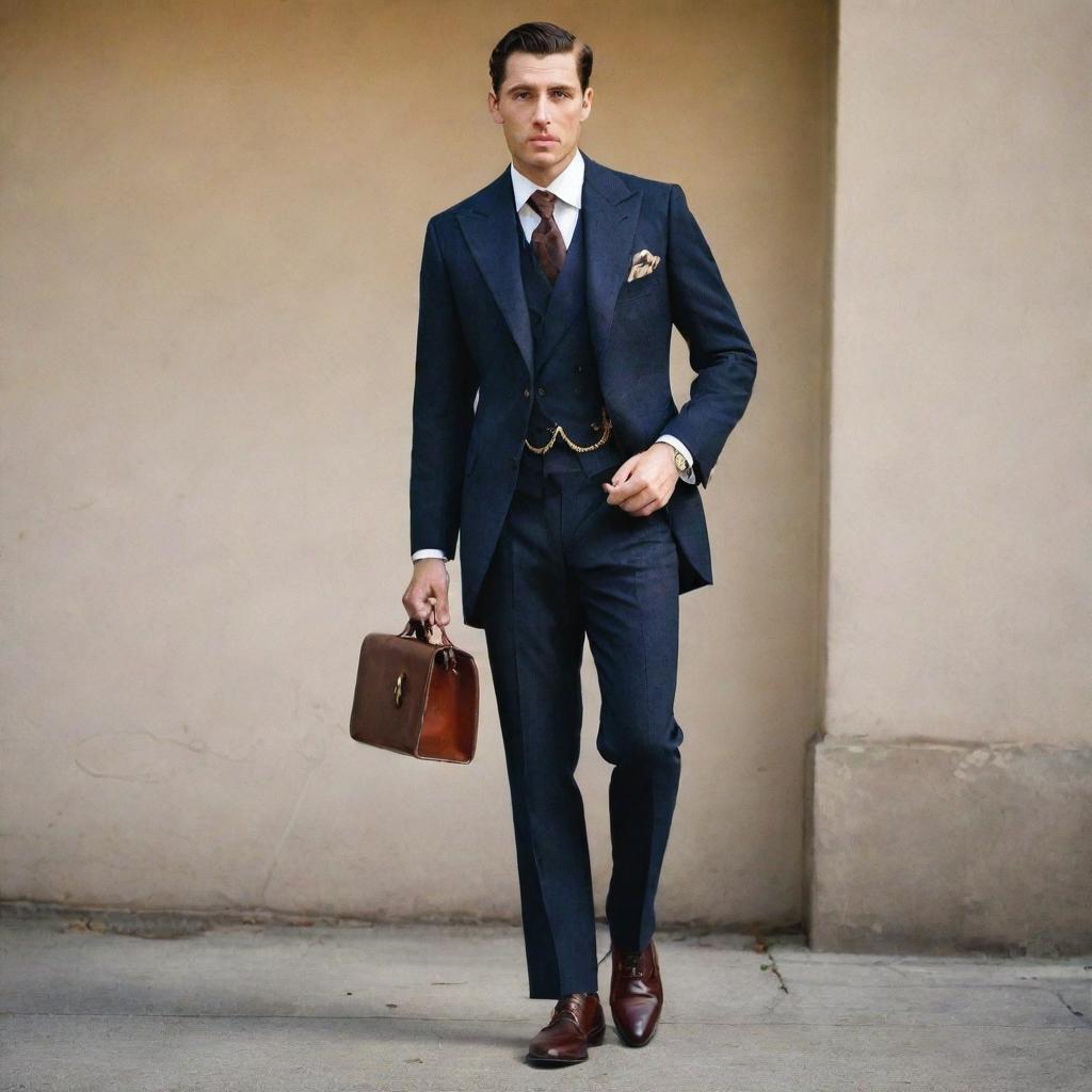 High-society vintage menswear: a well-tailored men's suit, made of rich fabric, three-piece with a gold pocket watch, a silk cravat, and polished leather shoes.