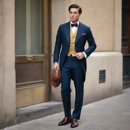 High-society vintage menswear: a well-tailored men's suit, made of rich fabric, three-piece with a gold pocket watch, a silk cravat, and polished leather shoes.