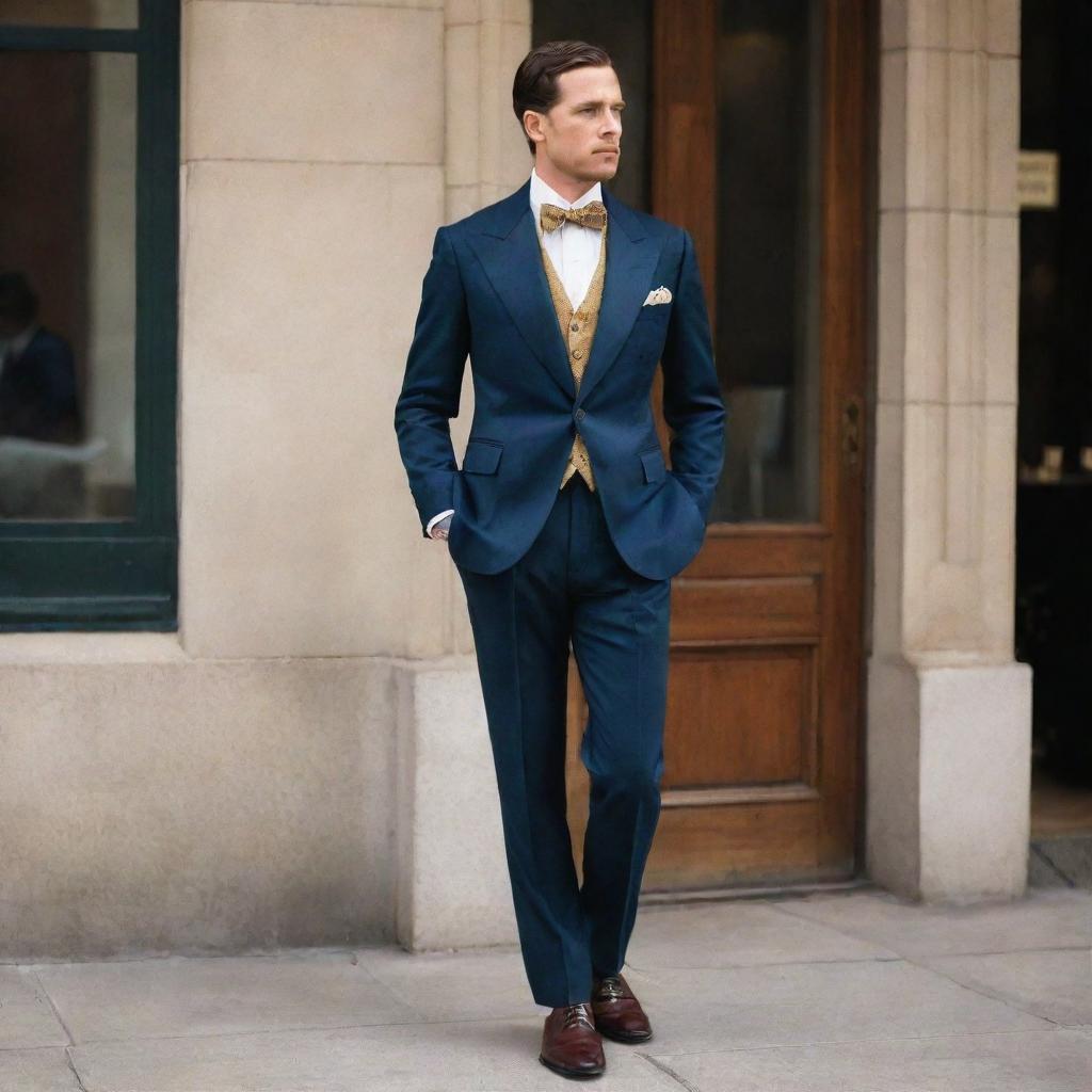 High-society vintage menswear: a well-tailored men's suit, made of rich fabric, three-piece with a gold pocket watch, a silk cravat, and polished leather shoes.