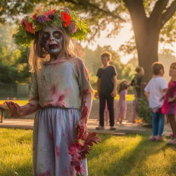 Peaceful scene of a zombie with a flower headpiece standing at the edge of a park, observing children playing joyfully under the soft morning light.