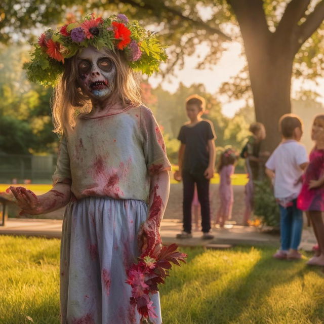 Peaceful scene of a zombie with a flower headpiece standing at the edge of a park, observing children playing joyfully under the soft morning light.