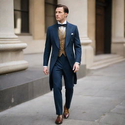 High-society vintage menswear: a well-tailored men's suit, made of rich fabric, three-piece with a gold pocket watch, a silk cravat, and polished leather shoes.