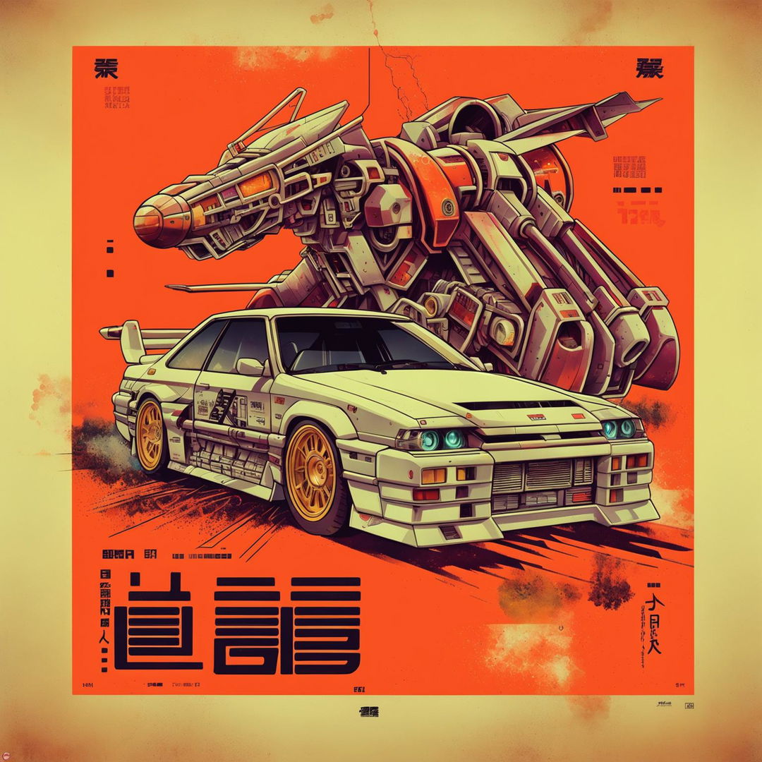 Retro Japanese pulp poster showing a Nissan Skyline R32 inspired mecha in high detail, embodying Neon Genesis Evangelion energy.