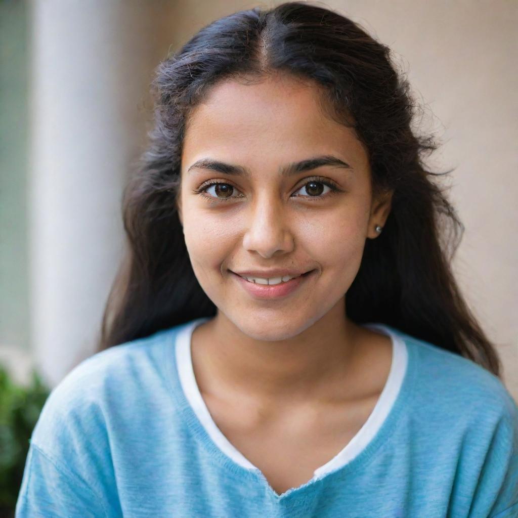 Picture of a radiant girl named Nadia, adorned in casual attire, her expression reflecting a personality that is both vibrant and kind.